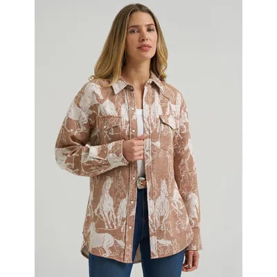 Wrangler Women's  Jacquard Boyfriend Snap Shirt In Brown