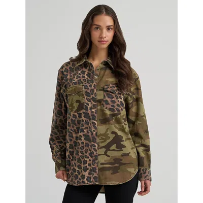 Wrangler Women's  Mixed Print Boyfriend Western Snap Shirt In Camo Leopard In Brown