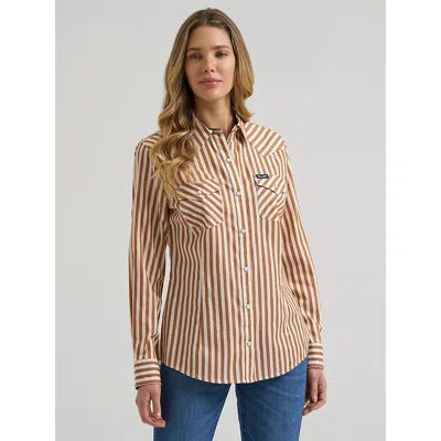 Wrangler Women's  Olivia Western Slim Snap Shirt In Caramel Stripe In Brown