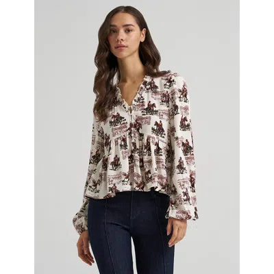 Wrangler Women's  Ranch Print Juliet Blouse In White In Blue