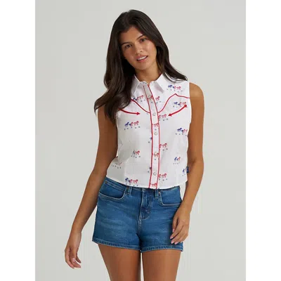 Wrangler Women's  Sleeveless Americana Western Snap Shirt In White