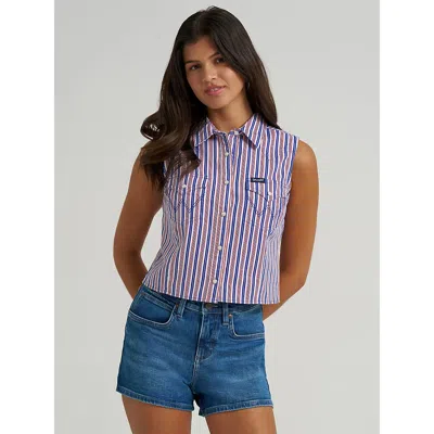 Wrangler Women's  Striped Sleeveless Snap Shirt In Blue Stripe In Multi