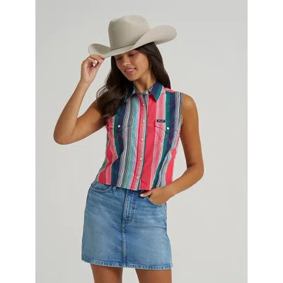 Wrangler Women's  Striped Sleeveless Snap Shirt In Pink In Multi