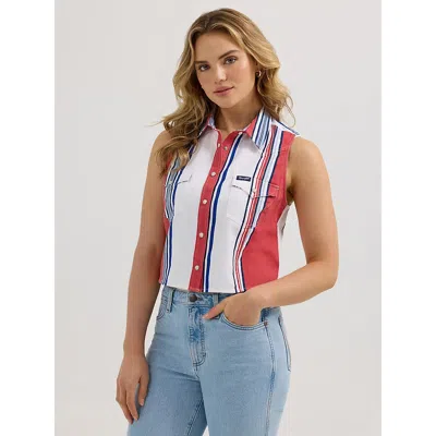 Wrangler Women's  Striped Sleeveless Snap Shirt In Red White Blue