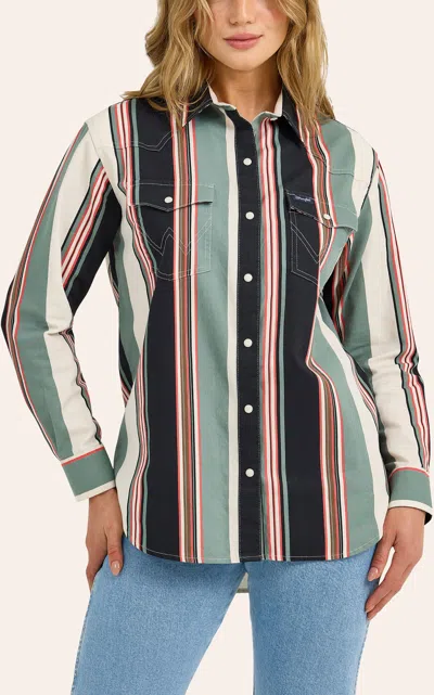 Wrangler Wranger Retro Women's Black & Green Brushpopper Boyfriend Western Shirt In Multi