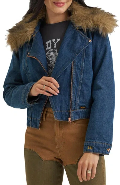 Wrangler X Lainey Wilson Faux Fur Trim Denim Jacket In Blue