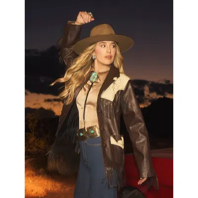 Wrangler X Lainey Wilson Faux Leather Fringe Jacket In Brown
