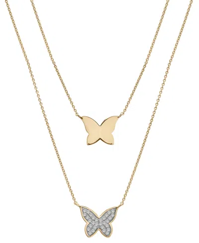 Wrapped Diamond Pave & Polished Butterfly Layered Pendant Necklace (1/6 Ct. T.w.) In 10k Gold, 17" + 1" Exte