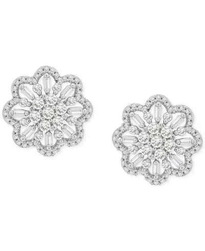 Wrapped In Love Diamond Round & Baguette Flower Stud Earrings (1 Ct. T.w.) In 14k White Gold, Exclusively At Macy's