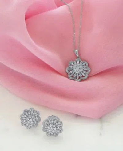 Wrapped In Love Diamond Round Baguette Floral Pendant Necklace Matching Stud Earrings Collection In 14k White Gold E