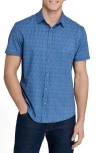 Wrk W.r.k Basic Slim Fit Abstract Stripe Short Sleeve Performance Button-up Shirt In Blue