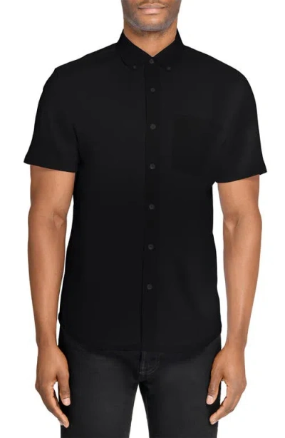 Wrk W.r.k Hudson Reworked Slim Fit Solid Short Sleeve Cotton Button-up Shirt In Black