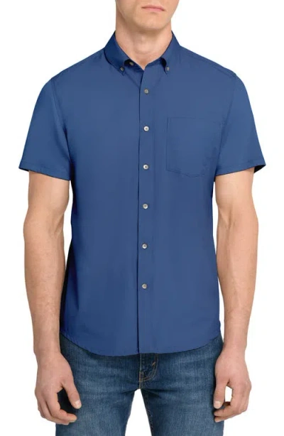 Wrk W.r.k Hudson Reworked Slim Fit Solid Short Sleeve Cotton Button-up Shirt In Blue