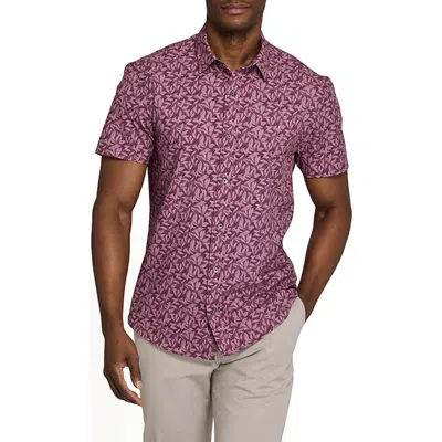 Wrk W.r.k Leaf Print Performance Short Sleeve Button-up Shirt In Purple