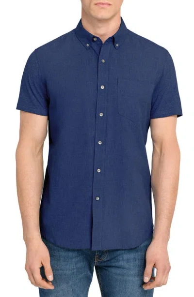 Wrk W.r.k Reworked Slim Fit Solid Short Sleeve Cotton Button-down Shirt In Blue