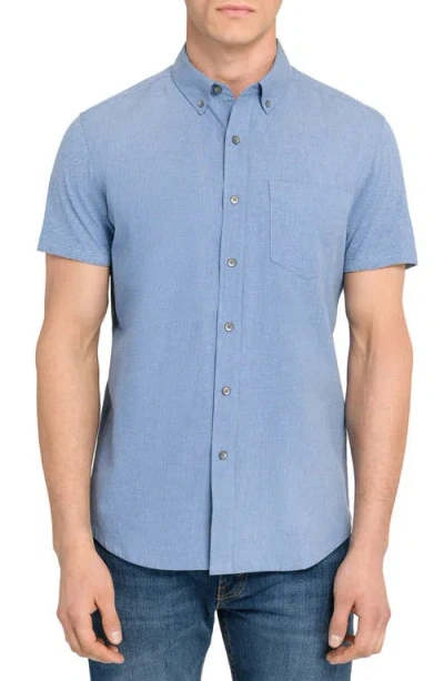 Wrk W.r.k Reworked Slim Fit Solid Short Sleeve Cotton Button-down Shirt In Blue