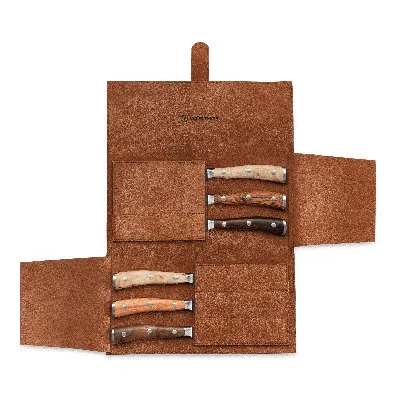 Wusthof Ikon 6-piece Mixed Wood Steak Knife Set With Leather Knife Roll In Brown