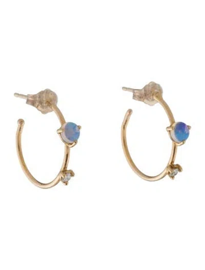 Pre-owned Wwake 14k Opal & Diamond Hoop Earrings In Multi