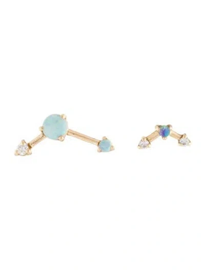 Pre-owned Wwake 14k Opal & Diamond Stud Earrings In Multi