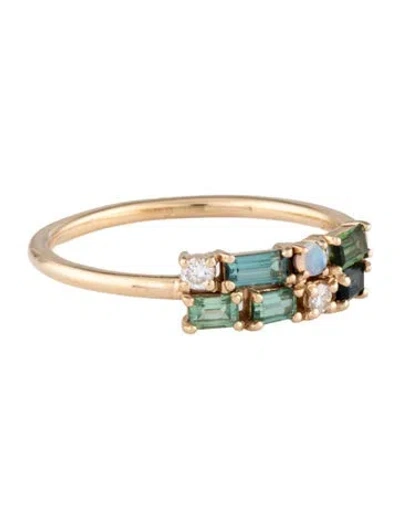 Pre-owned Wwake 14k Tourmaline, Opal & Diamond Brickwork Cocktail Ring In Multicolor