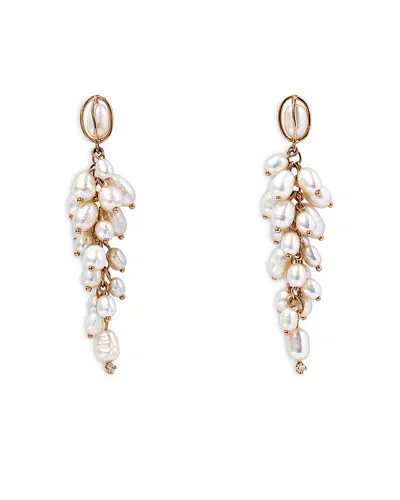 Wwake 14k Yellow Gold Shadow Diamond And Cultured Freshwater Pearl Earrings Cluster Drop Earrings In White/gold