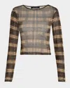 Wynn Hamlyn Plaid Silk-mesh Long-sleeve Top In Animal Print