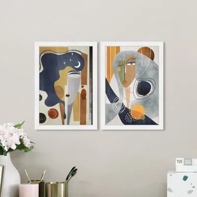 Wynwood Studio Abstract Elegance Set Cubist Women Modern Blue And Canvas Wall Art Print For Living Room In White Framed