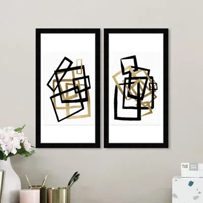 Wynwood Studio Abstract Square Formas Set Square Formas Set Glam Black And Metallic Gold Canvas Wall Art Print For  In Black Framed