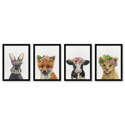Wynwood Studio Animals Floral Animal Set Baby Zoo Modern & Contemporary White And Light Brown Canvas Wall Art Print In Black Framed