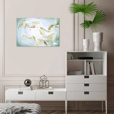 Wynwood Studio Animals Gold Coy Pond Koi Fish Water Coastal Blue And Light Blue Canvas Wall Art Print For Bath In Blue;gold