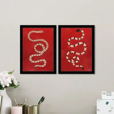Wynwood Studio Animals Ruby Snake Set Boho Striped Serpent Modern Red And Canvas Wall Art Print For Living Room In Black Framed