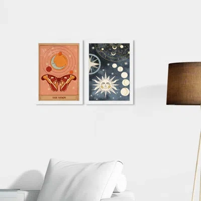 Wynwood Studio Astronomy And Space Celestial Alchemic Set Celestial Alchemic Set Bohemian Gold And Navy Blue Canvas In White Framed