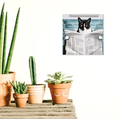 Wynwood Studio Bath And Laundry Occupied Bathroom Tito Bathroom Cat Reading Newspaper Modern White And Teal Canvas  In Blue;black;gray