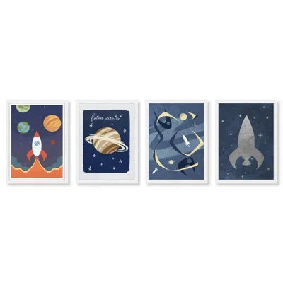 Wynwood Studio Education And Office Space Set Galaxy Spaceship Modern & Contemporary Blue And Metallic Silver Canva In White Framed