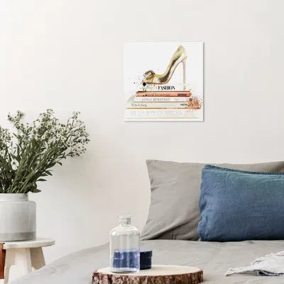 Wynwood Studio Fashion And Glam Modern Canvas Art - Book Stack Gold Heels Wall Art For Home Decor In White;gold