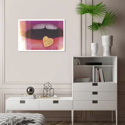 Wynwood Studio Fashion And Glam Modern - Open Mouth With Golden Heart Wall Art For Home Decor In Pink;gold