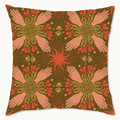 Wynwood Studio Retro Hands Outdoor Decorative Throw Pillow, 18" X 18", Art Deco Sun Powers In Green;red;beige