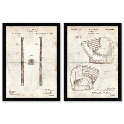 Wynwood Studio Sports And Teams Baseball Blueprint Set Vintage Mitt And Bat Industrial Brown And Cream White Canvas In Black
