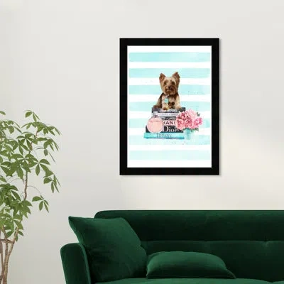Wynwood Studio Yorkie Mint Blue Books - Picture Frame Graphic Art In Black Framed