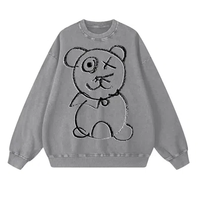 X Ilona Blue Men's Black / White / Grey Universal Fit Graffiti Teddy Bear Vintage Washed Cotton Platinum Crewneck In Black/white/grey