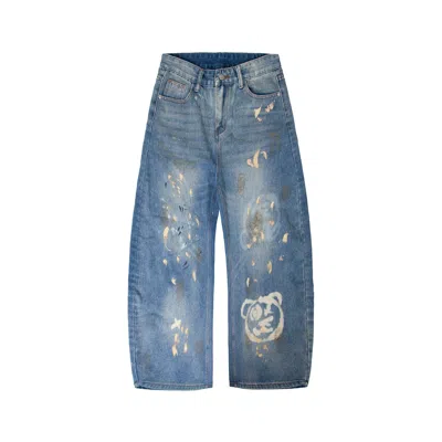 X Ilona Blue Men's Blue / White Universal Fit Graffiti Teddy Bear Custom Denim Barrel Jeans In Blue/white