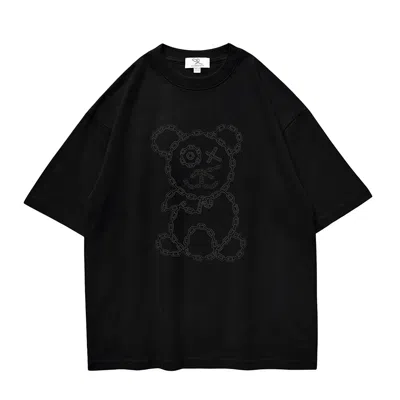 X Ilona Blue Women's Black / Grey Graffiti Baby Bear Black Organic Cotton Charcoal Chain Link Embroidery Tee In Black/grey