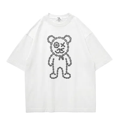 X Ilona Blue Women's Black / White Graffiti Daddy Bear White Organic Cotton Black Chain Link Embroidery Tee In Black/white