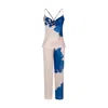 X Intima Women's Blue Low-cut Neck Satin Top Pyjama Contrast Fine Piping Detail In Blue