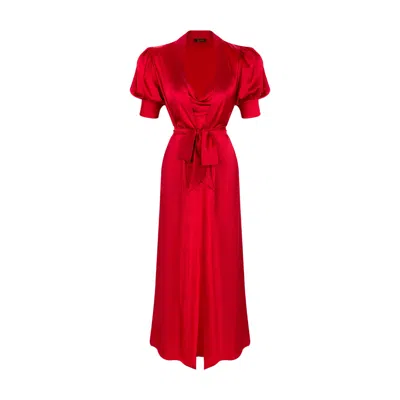 X Intima Women's Elbow Bishop Sleeves Long Satin Robe In Regal Red
