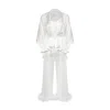 X Intima Women's Neutrals White Satin Pyjama Set Feather Collar And Marabou Feather Detail In White