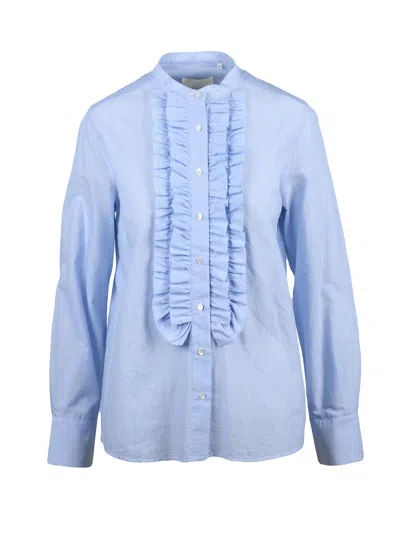 Xacus Light Blue Ruffle Detail Mandarin Collar Cotton Shirt