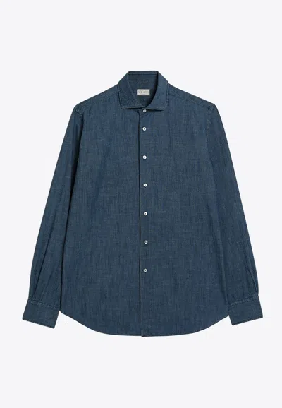 Xacus Long-sleeved Denim Shirt In Linen Blend In Blue
