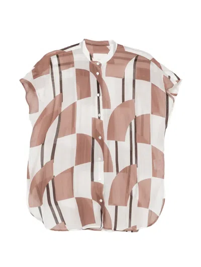 Xacus Nevil Geometric-print Band-collar Blouse In Brown
