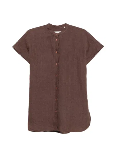 Xacus Nevil Short-sleeve Band-collar Blouse In Brown